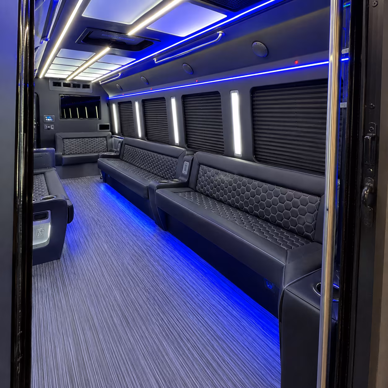Passenger seating aboard a party bus rental serving Hayward